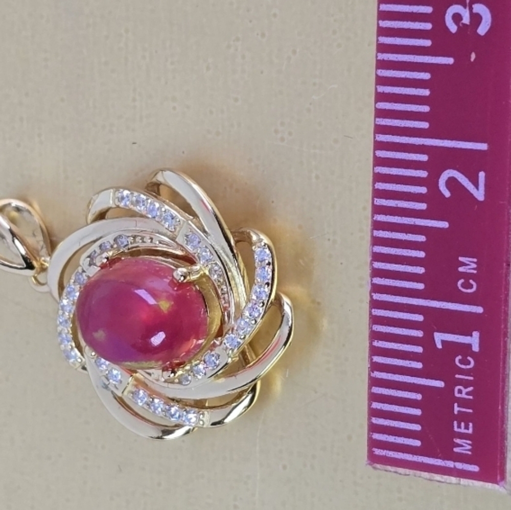 925 Sterling Silver 14K Yellow Gold Plated Pendant with Natural Red Opal & Cz - Picture 6 of 8